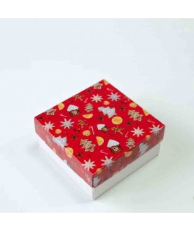 Коробка 150х150х70 Пряничный домик на красном фоне (белое дно)